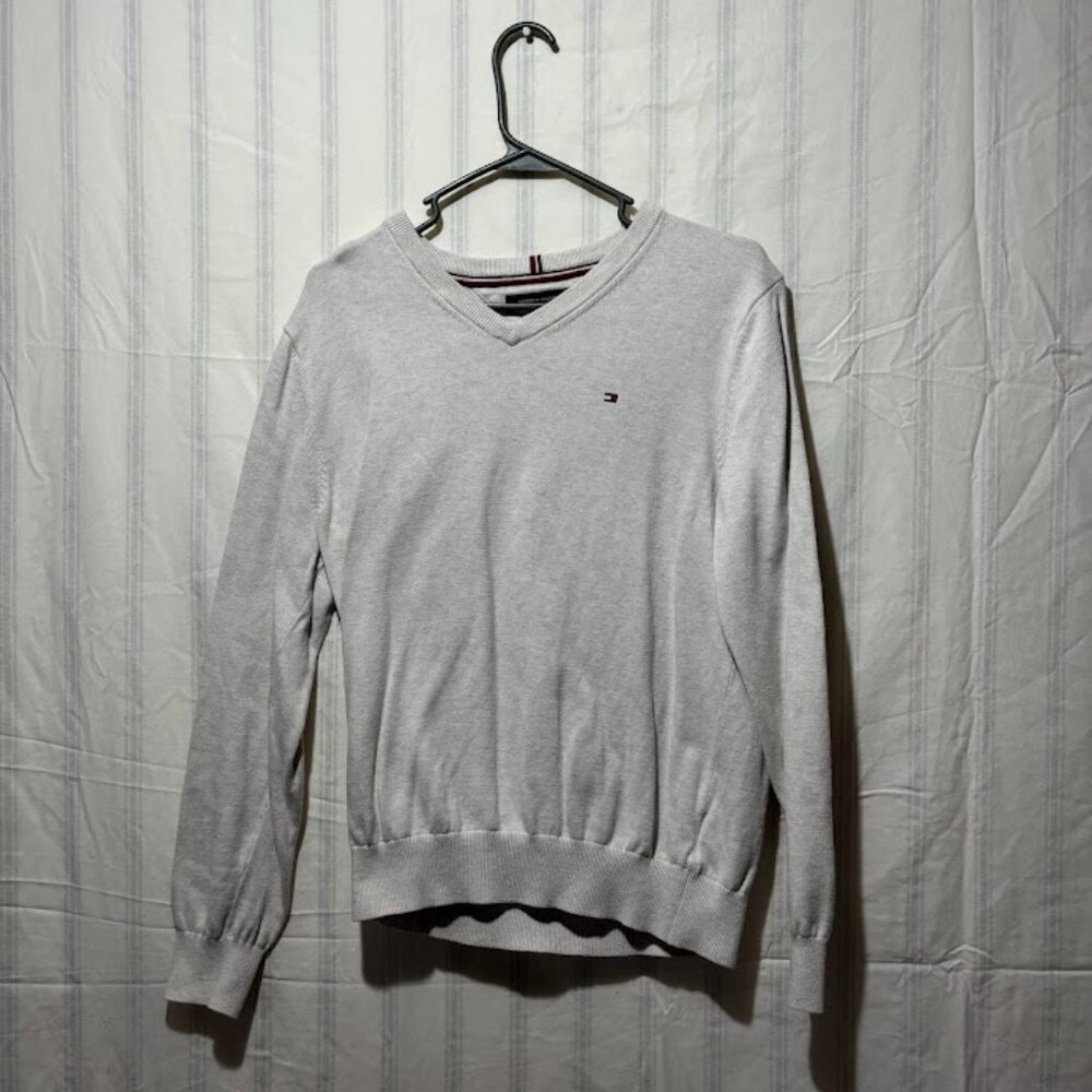 Tommy Hilfiger Mens Sweater Size M White Cotton Knit Long Sleeve V-Neck Pullove